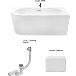 Baignoire d'angle Blanc + Siphon Chrome et Vidage inclus + Repose tête - AVITA S CLASSE - DROITE - 150 x 75 cm