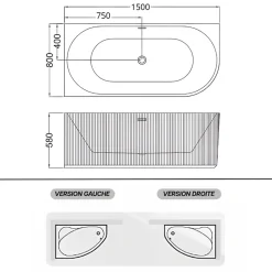 Baignoire d'angle droite avec bonde et vidage - 150 x 75 cm - Blanc brillant rainuré - PERLE