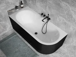 Baignoire d'angle Noir et Blanc + Siphon Blanc et Vidage inclus + Repose tête - AVITA S CLASSE - DROITE - 150 x 75 cm