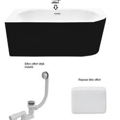 Baignoire d'angle Noir et Blanc + Siphon Blanc et Vidage inclus + Repose tête - AVITA S CLASSE - GAUCHE - 170 x 75 cm