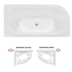 Baignoire d'angle Noir et Blanc + Siphon Doré et Vidage inclus + Repose tête - AVITA S CLASSE - GAUCHE - 170 x 75 cm