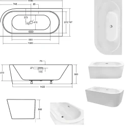 Baignoire d'angle Noir et Blanc + Siphon Doré et Vidage inclus + Repose tête - AVITA S CLASSE - GAUCHE - 150 x 75 cm