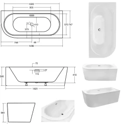 Baignoire d'angle Noir et Blanc + Siphon Chrome et Vidage inclus + Repose tête - AVITA S CLASSE - DROITE - 150 x 75 cm