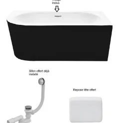 Baignoire d'angle Noir et Blanc + Siphon noir et Vidage inclus + Repose tête - AVITA S CLASSE - DROITE - 150 x 75 cm