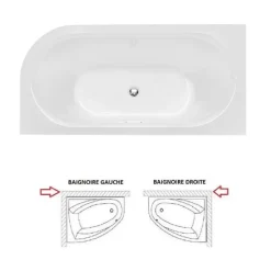 Baignoire d'angle Noir et Blanc + Siphon noir et Vidage inclus + Repose tête - AVITA S CLASSE - DROITE - 150 x 75 cm