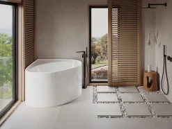 Baignoire d'angle ovale en acrylique - Blanc brillant - 176L - 100 x 100 x 58 cm - MARTA