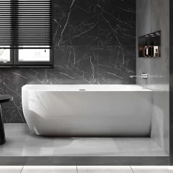 Baignoire d'angle semi-îlot Acrylique Ovale Salle de Bain avec Bonde + trop plein, Blanc, 170x75x60cm, Garantie 5 ans, LENA CORNER