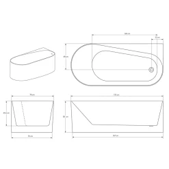Baignoire d'angle semi-îlot Acrylique Ovale Salle de Bain avec Bonde + trop plein, Blanc, 170x78x58cm, Garantie 5 ans, ONDA CORNER