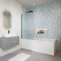 Baignoire droite 180 X 80 DURAVIT D-Code bonde au centre + Pare bain AURYS Raywall noir mat version gauche