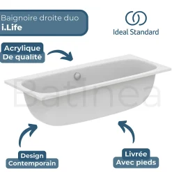 Baignoire droite 180 x 80 IDEAL STANDARD i.life Duo