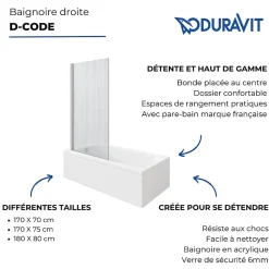 Baignoire droite DURAVIT D-Code 180 x 85 cm + Pare bain droit AURYS Raywall chromé