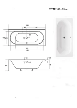 Baignoire Droite sans Tablier - 160 x 75 cm - VITAE SANS TABLIER - REPOSE-TÊTE OFFERT
