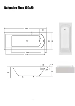 Baignoire Droite sans Tablier - 150 x 70 cm - SHEA SANS TABLIER - REPOSE-TÊTE OFFERT