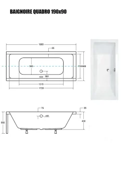 Baignoire Droite sans Tablier - 190 x 90 cm - QUADRO SANS TABLIER - REPOSE-TÊTE OFFERT