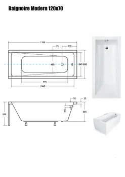 Baignoire Droite sans Tablier - 120 x 70 cm - MODERN SANS TABLIER - REPOSE-TÊTE OFFERT