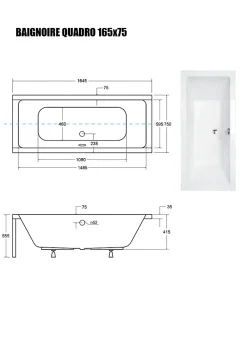 Baignoire Droite sans Tablier - 165 x 75 cm - QUADRO SANS TABLIER - REPOSE-TÊTE OFFERT