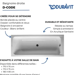Baignoire droite 180x80 DURAVIT D-Code bonde au centre
