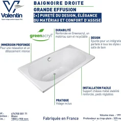 Baignoire Effusion 180 x 90 cm sans tablier Valentin