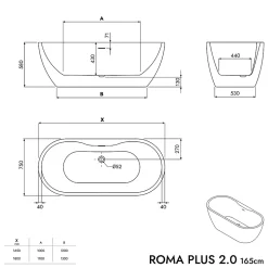 Baignoire îlot Acrylique ovale 180x75x58cm Blanc mat + Bonde et trop plein - ROMA PLUS 2.0