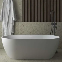Baignoire îlot blanche Poalgi Solid Surface 157x80x52,5 cm inclus tablette - modèle SHIRO