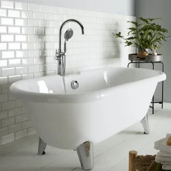 Baignoire îlot Charly blanche rétro + pieds conique chrome
