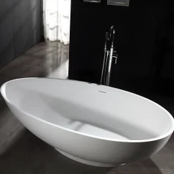Baignoire îlot Design en fonte minérale VIGO - blanc mat - Avec robinet mitigeur 1521, Avec siphon, 170x85cm