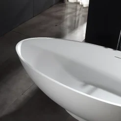 Baignoire îlot Design en fonte minérale VIGO - blanc mat - Sans robinet, Avec siphon, 150x75cm