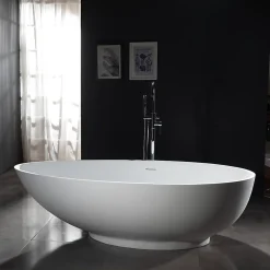 Baignoire îlot Design en fonte minérale VIGO - blanc mat - Avec robinet mitigeur 1521, Sans siphon, 150x75cm