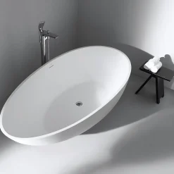 Baignoire îlot Design en fonte minérale VIGO - blanc mat - Avec robinet mitigeur 1521, Sans siphon, 150x75cm