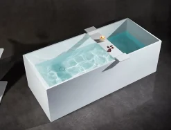 Baignoire îlot en fonte minérale 170x72x55cm Blanc mat - LUNA STONE - Sans robinet sur pied + siphon