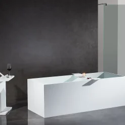 Baignoire îlot en fonte minérale 170x72x55cm Blanc mat - LUNA STONE - Sans robinet sur pied + siphon