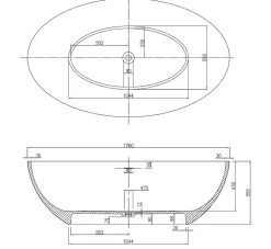 Baignoire îlot en fonte minérale RELAX - 176x103cm - Sans robinet ni siphon, Blanc mat