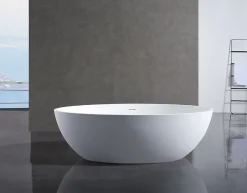 Baignoire îlot en fonte minérale RELAX - 176x103cm - Sans siphon, Blanc mat, Avec robinet mitigeur 8028B