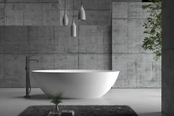 Baignoire îlot en fonte minérale (fonte minérale) RIO STONE - 180x85cm - Avec siphon et robinet mitigeur 1523C, Blanc brillant