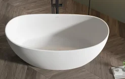 Baignoire îlot en fonte minérale HAWAII STONE - 180x85cm - Sans siphon, Avec robinet mitigeur 1523C, Blanc brillant