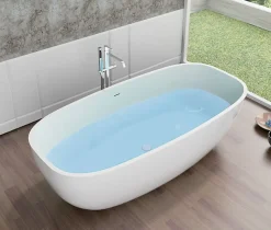 Baignoire îlot en fonte minérale, OCEAN STONE - 180x87cm - Avec robinet mitigeur 8028, Avec siphon, Blanc mat