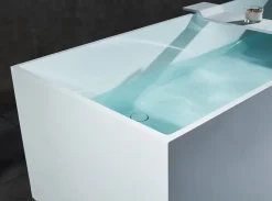 Baignoire îlot en fonte minérale 170x72x55cm Blanc mat - LUNA STONE + siphon + robinet sur pied 1523C