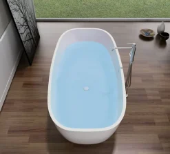 Baignoire îlot en fonte minérale, OCEAN STONE - 180x87cm - Avec robinet mitigeur 8028, Sans siphon, Blanc mat