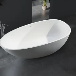 Baignoire îlot en fonte minérale VELA STONE - blanc mat, 180x90cm - Avec robinet mitigeur 8028, Avec siphon