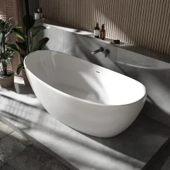 Baignoire îlot Fonte minérale ovale 180x85x64cm + bonde et trop plein - Blanc brillant - HAWAII STONE