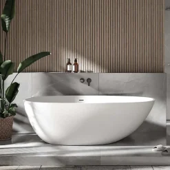 Baignoire îlot fonte minérale ovale autoportante Moderne avec bonde - 170x86x54cm - VELA Blanc mat