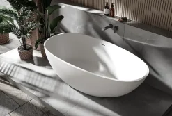 Baignoire îlot fonte minérale ovale autoportante Moderne avec bonde - 170x86x54cm - VELA Blanc mat