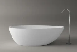 Baignoire îlot fonte minérale ovale autoportante Moderne avec bonde - 170x86x54cm - VELA Blanc mat