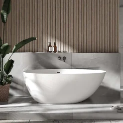 Baignoire îlot fonte minérale ovale autoportante Moderne avec bonde - 150x75x54cm - VELA Blanc mat