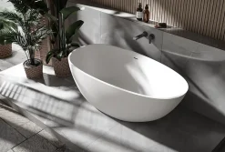 Baignoire îlot fonte minérale ovale autoportante Moderne avec bonde - 150x75x54cm - VELA Blanc mat