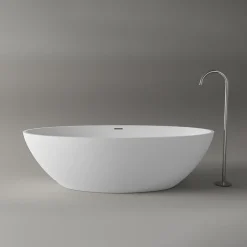 Baignoire îlot fonte minérale Ovale Moderne pour Salle de Bain avec Bonde et trop plein - 180x85x52cm - RIO STONE - Blanc Mat