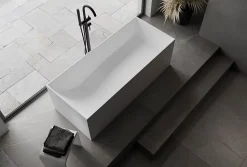 Baignoire îlot Fonte minérale rectangulaire 170x72x55cm + bonde pop-up et trop plein - Blanc mat - LUNA