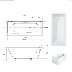 Baignoire rectangulaire - 120 x 70 cm - sans Habillage - avec Pieds - Vidage Chrome - MODERN