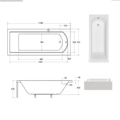Baignoire rectangulaire - 170 x 70 cm - avec Tablier - Pieds - Vidage Chrome - SHEA