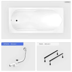 Baignoire rectangulaire - 180 x 80 cm - sans Habillage - avec Pieds - Vidage Chrome - BONA